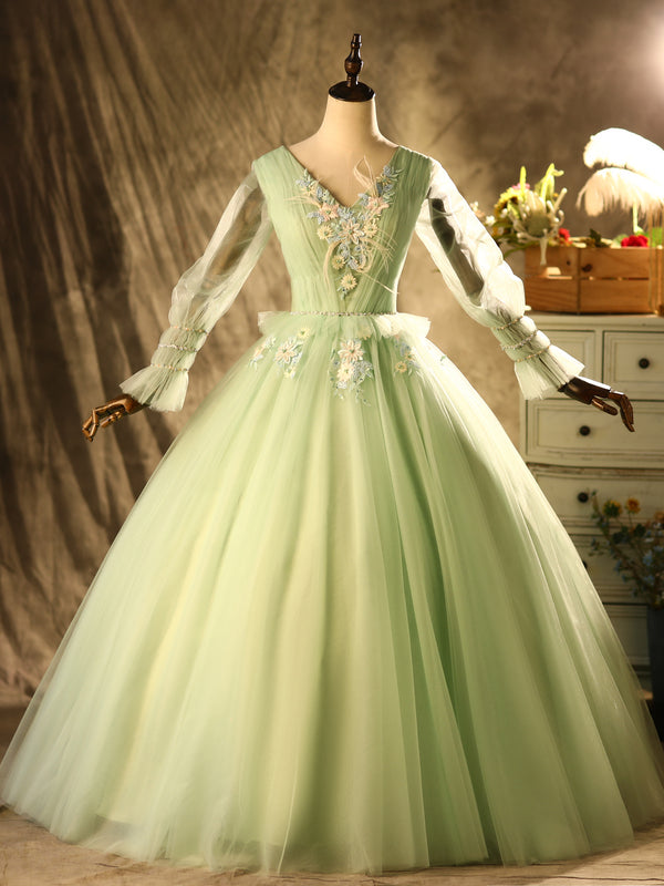 Green Tulle V-neck Long Sleeve Appliques Pleats Quinceanera Dress