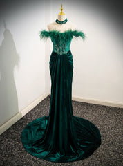 Green Velvet Off the Shoulder Feather Crystal Prom Dress