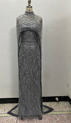 Grey Beading Prom Dresses Sweep Train High Neck Zipper Sleeveless Evening Dresses