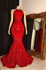 Halter Lace-up Sequins Floor Length Red Mermaid Prom Dresses