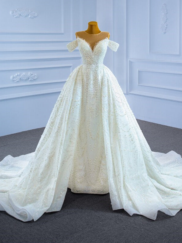 Handwork Pearls Sequins Luxury White Wedding Dress