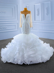 Heavy Beading White Mermaid Long Sleeve Wedding Dress