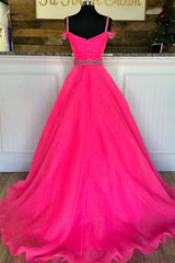 Hot Pink Beaded Cold-Shoulder A-Line Prom Dress