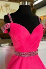 Hot Pink Beaded Cold-Shoulder A-Line Prom Dress