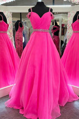 Hot Pink Beaded Cold-Shoulder A-Line Prom Dress