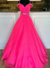 Hot Pink Tulle Pleats Beading Prom Dress