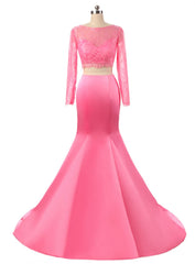 Hot Pink Two Piece Lace Bodice Prom dress With Long Sleeve Custom Made Formal Dress