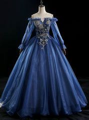 In One Step Navy Blue Ball Gown Tulle Long Sleeve Beading Quinceanera Dress