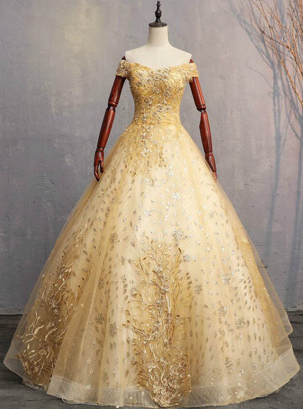 Is Now Available. Gold Ball Gown Tulle Appliques Sequins Off the Shoulder Quinceanera Dress