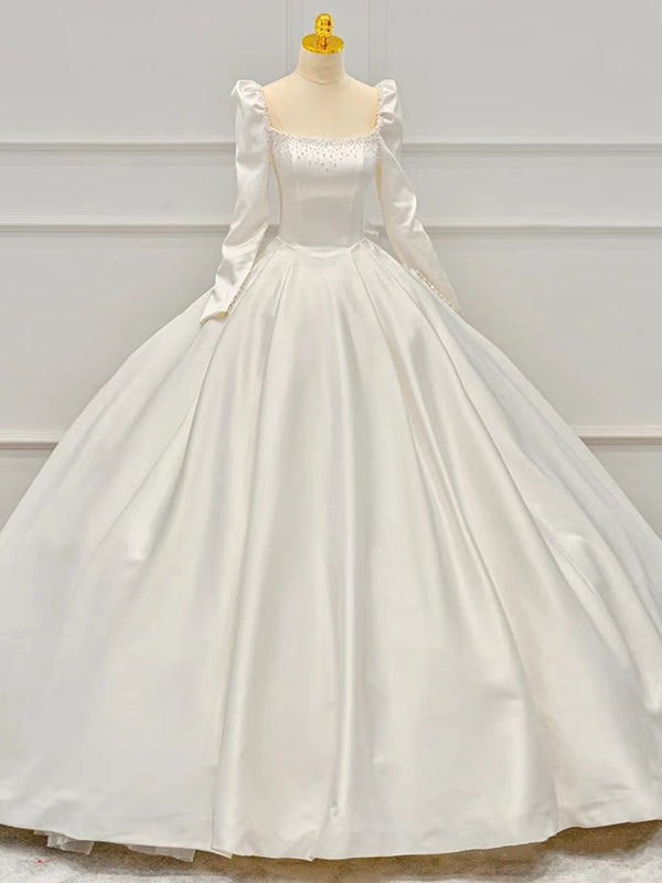 Ivory Satin Long Sleeve Square Pearls Wedding Dress