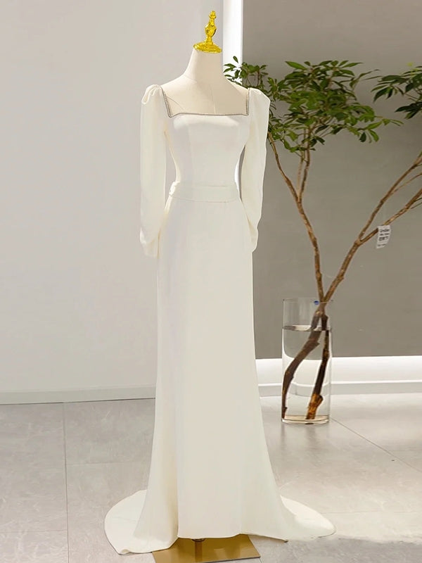 Ivory Satin Long Sleeve Square Wedding Dress