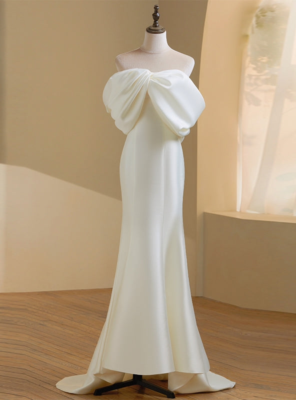 Ivory Satin Off the Shoulder Bow Wedding Dress