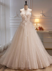 Ivory Tulle Sequins Flower Wedding Dress