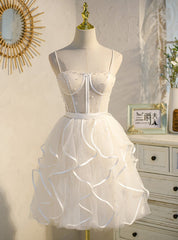 Ivory Tulle Spaghetti Straps Pearls Homecoming Dress