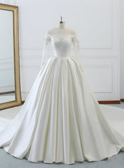 Ivory White Satin Off The Shoulder Long Sleeve Wedding Dress With Train