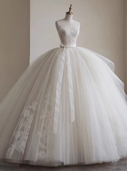 Ivory White Tulle Strapless Ball Gown Wedding Dress