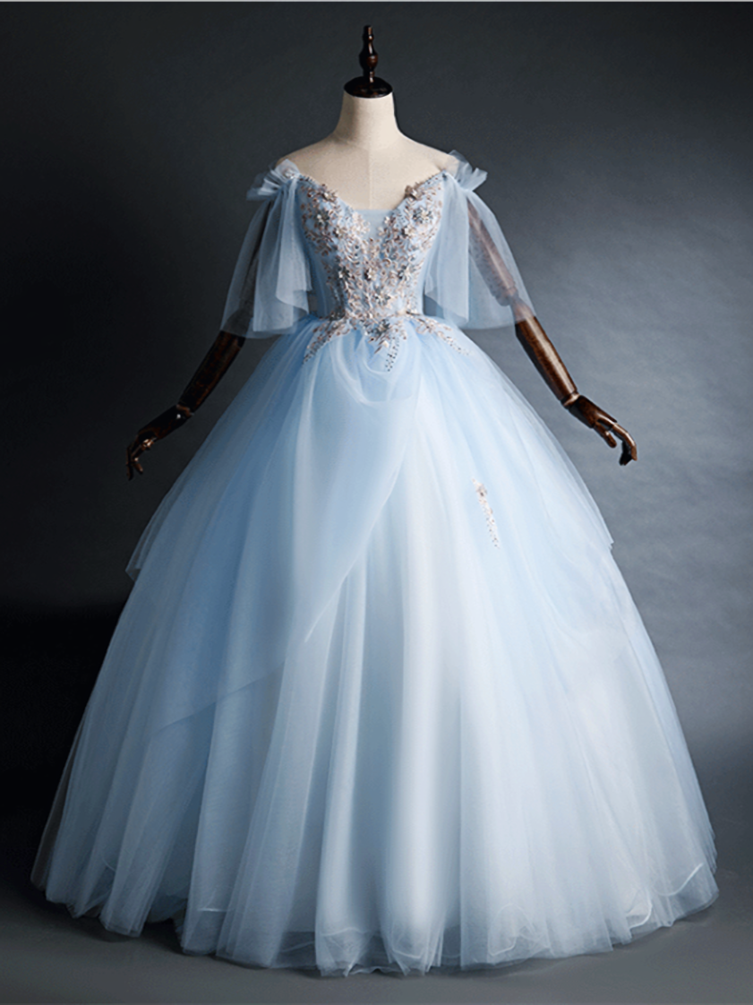 Light Blue Tulle Appliques Off the Shoulder Quinceanera Dress