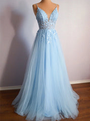 Light Blue Tulle Appliques Prom Dress