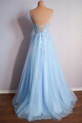 Light Blue V Neck Lace-Up Appliques Tulle Long Prom Dress