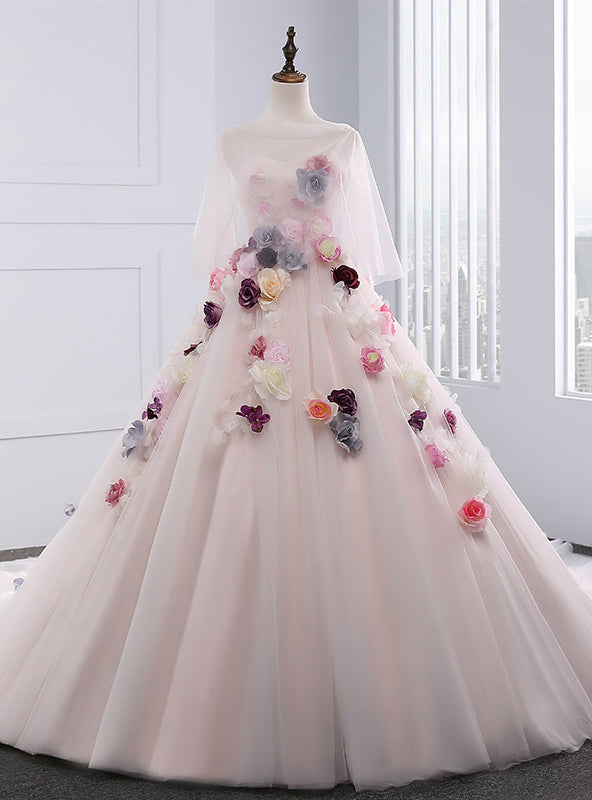 Light Pink Ball Gown Sweetheart Tulle Flower Wedding Dress