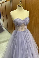 Lilac Strapless Beaded Ruffle-Layers Tulle Long Prom Dress