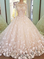 Luxury Bridal Gown With Sleeves Beading 3D Flowers Ball Gown Lace Wedding Dress