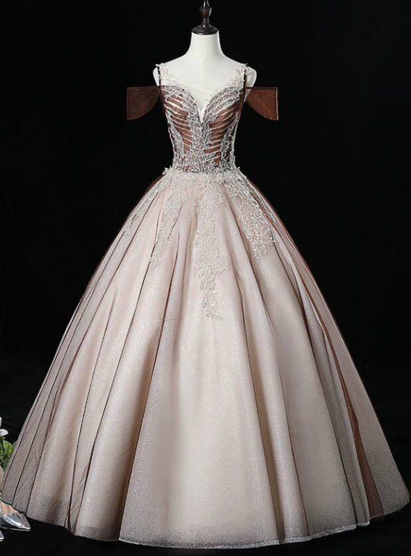 Make Your Prom a Dream Coffee Color Ball Gown Tulle See Through V-neck Quinceanera Dress