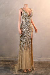 Mermaid Deep V Neck Golden Long Prom Dress with Silt