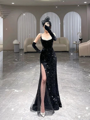 حورية البحر فستان حفلة موسيقية طويل وصول جديد مثير فستان سهرة شق أسود