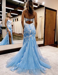 Mermaid Spaghetti Straps Lace Tulle Prom Dress with Slit