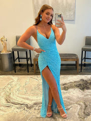 Mermaid V Neck Sequins Prom Dress with Slit