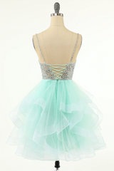 Mint Green Homecoming Dresses Straps V-Neck Multi-Layer Beaded Prom Dresses