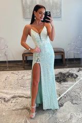 Mint Green Spaghetti Straps Sequins Mermaid Long Prom Dresses With Split