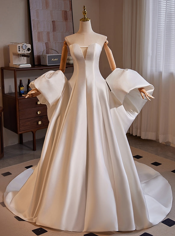 Modern White Satin Strapless Wedding Dress