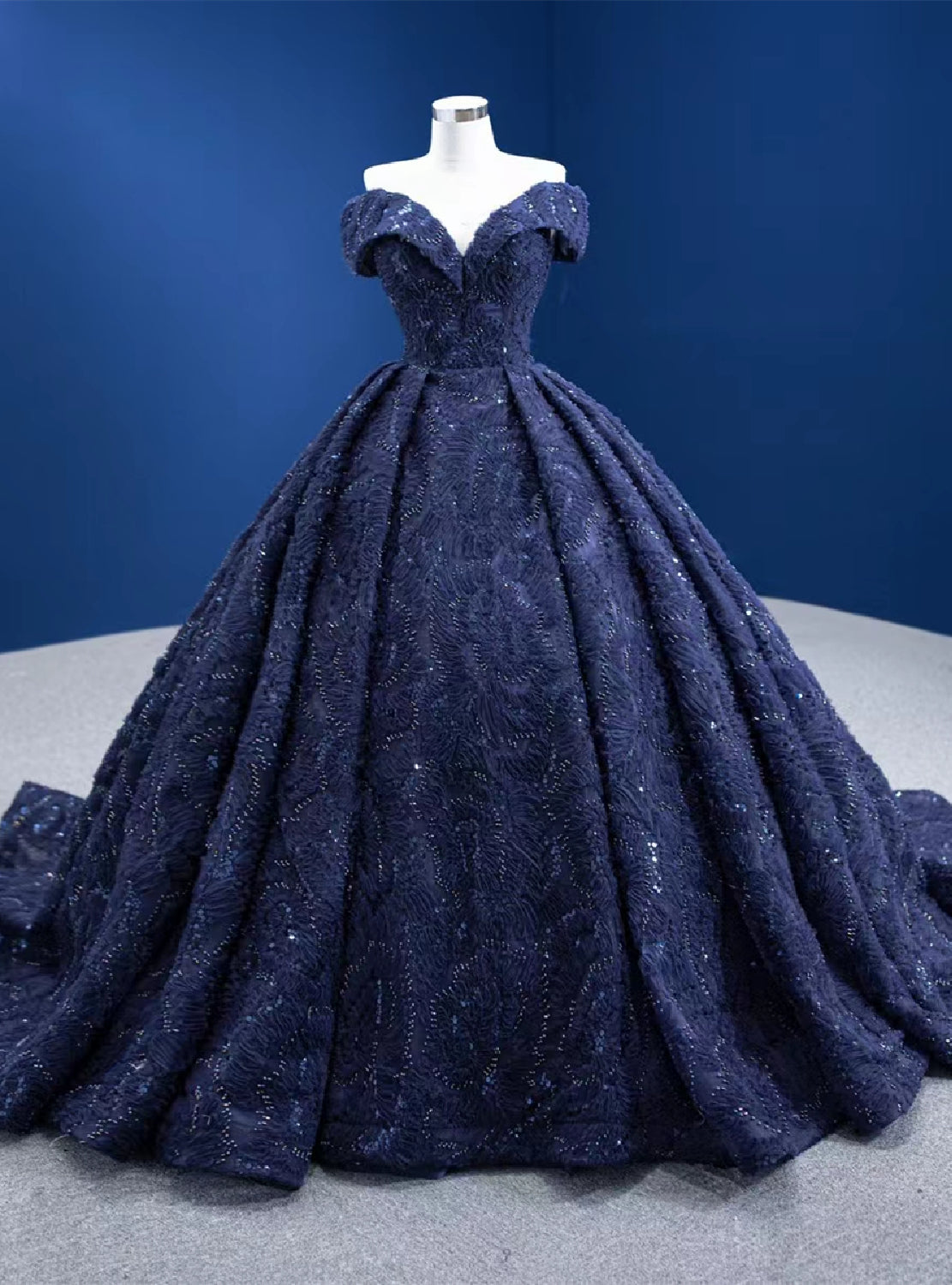 Navy Blue Ball Gown Off the Shoulder Prom Dress