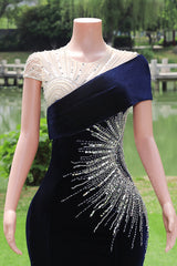 Navy Blue Prom Dresses Bodycon Velvet Long Formal Dresses with Embroidered Beadings