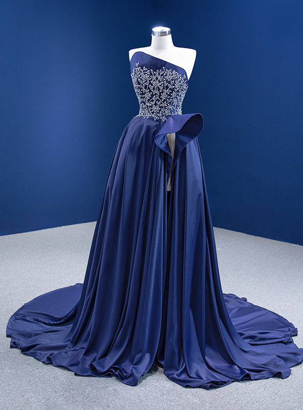 Navy Blue Satin Strapless Beading Crystal Prom Dress With Split