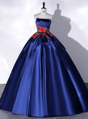 Navy Blue Satin Strapless Embroidery Appliques Quinceanera Dress