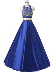 Navy Blue Satin Two Piece Halter Backless Prom Dress