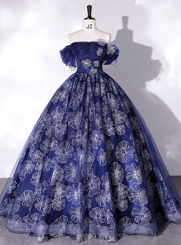 Navy Blue Tulle Off the Shoulder Quinceanera Dress