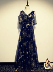 Navy Blue Tulle Sequins V-neck Short Sleeve Prom Dress