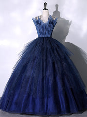 Navy Blue Tulle Spagehtti Straps Quinceanera Dress