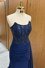 Navy Lace Beaded Strapless Long Formal Dress with Attached Train