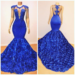 New Arrival Royal-Blue Flowers Mermaid Sleeveless With lace Appliques Prom Dresses