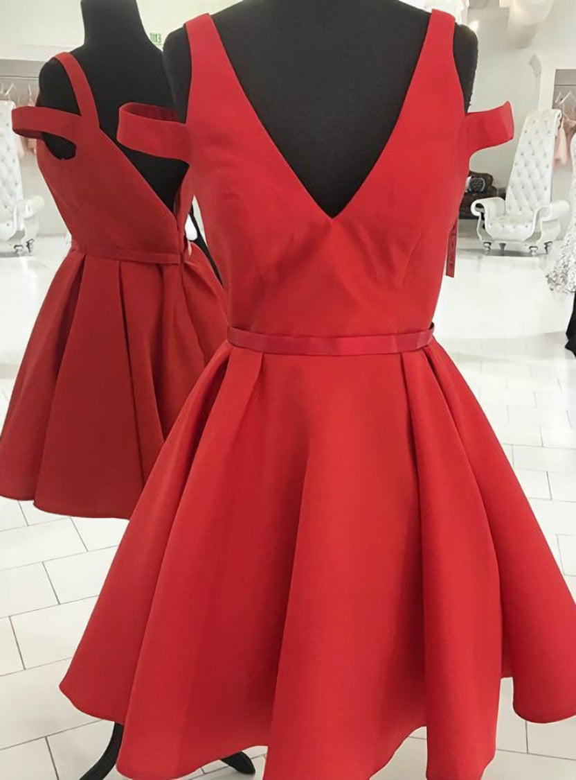 Off Shoulder V-neck Short Homecoming Dress Red A line Graduation Dres