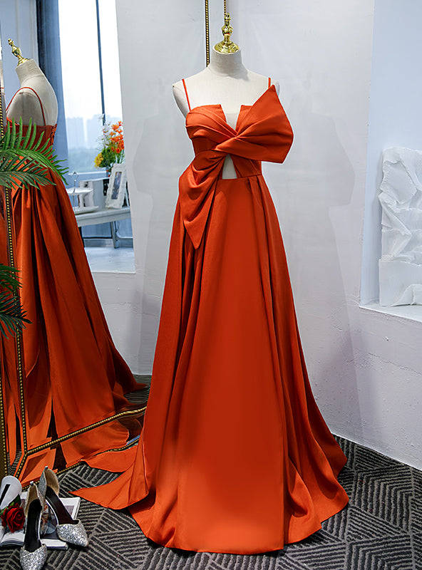 Orange Red Satin Spaghetti Straps Pleats Prom Dress