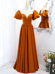 Orange Satin Puff Sleeve Illusion Neck Prom Dress