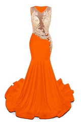 Orange V-Neck Sheer Corset Prom Dresses Beaded Mermaid Long Train Evening Gowns