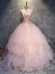 Pink Ball Gown Tulle Appliques Beading Quinceanera Dress