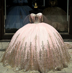 Pink Ball Gown Tulle Off-the-Shoulder Quinceanera Dress with Sequins